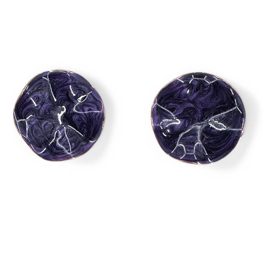 Avon Clip On Earrings Purple Swirled Enamel Wavy Disc Shape Vintage